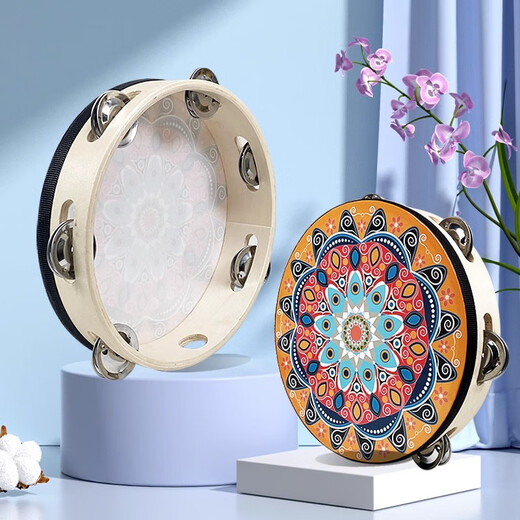 网童奇贝铃鼓舞蹈道具新疆维族手鼓专业打击乐器考级幼儿园儿童敦煌手拍鼓 【黑底紫荆花】7英寸直径17.5cm