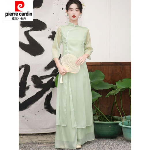 皮尔卡丹仙气汉服日常禅意茶艺师服装采耳古筝养生馆新中式旗袍连衣裙 689浅绿套装 L