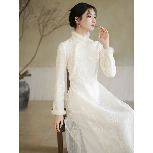 Chuchan Yishi new Chinese style Ao Dai cheongsam for women autumn and winter new white lace mesh knitted temperament national style dress white (length 125) M (ready in stock)