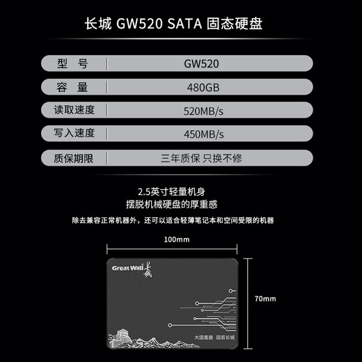 长城（Great Wall） 480GB SSD固态硬盘 SATA3.0接口 读速520MB/S台式机/笔记本通用 GW520系列