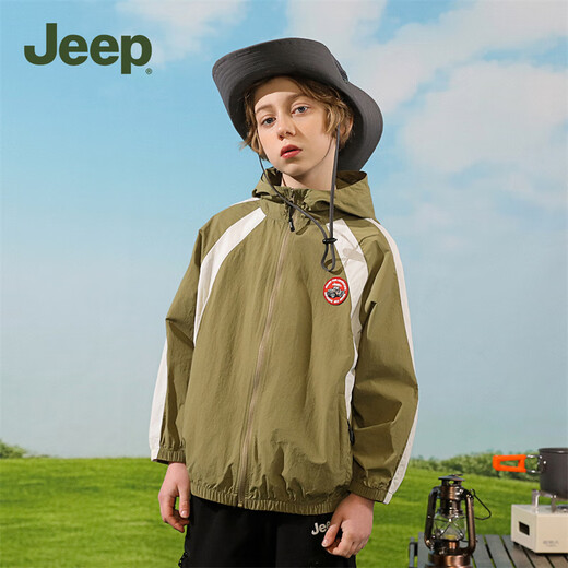 Jeep children's clothing children's sun protection clothing for boys and girls outdoor tops 2025 new style breathable and cool thin jacket for middle and large children, light military green 160 cm