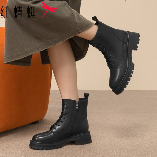 红蜻蜓马丁靴新款经典7孔女短靴粗跟百搭潮流短筒女靴WTC43480 黑色 37