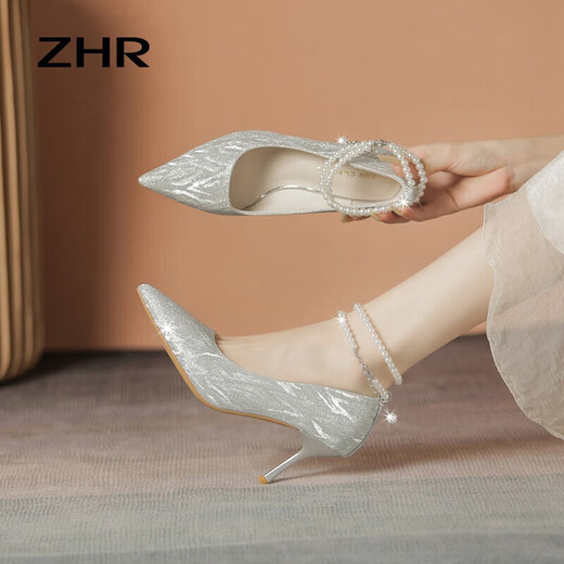 
ZHR high heels female elegant pointed toe thin heels women's shoes high-end pearl strap crystal single shoes women Y765 silver 37
