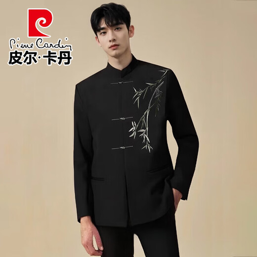 Pierre Cardin New Chinese Bamboo Embroidery Suit Men's Groom Wedding Engagement Stand Collar Banquet Dress Suit Knitted Black Two-piece Set Top + Pants L
