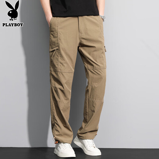 Playboy (PLAYBOY) overalls men's spring and summer loose straight pants men's trendy retractable buckle casual pants dark gray XL