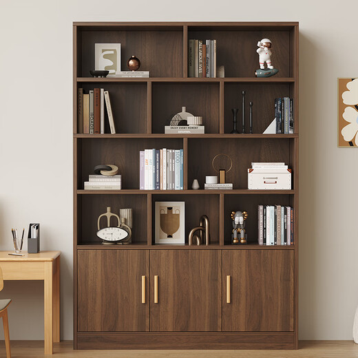 KULIN solid wood bookshelf bookcase floor-standing wall storage rack home living room with door 1.8 meters cabinet dark walnut color 100cm