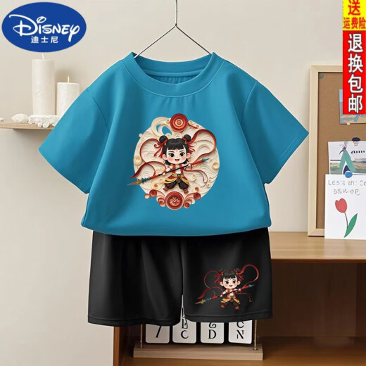 迪士尼（DISNEY）哪吒之魔童闹海男童女童纯棉短袖2025夏季新款儿童短裤套装两件套 1092#后包T酒红+小1098#黑短裤 90