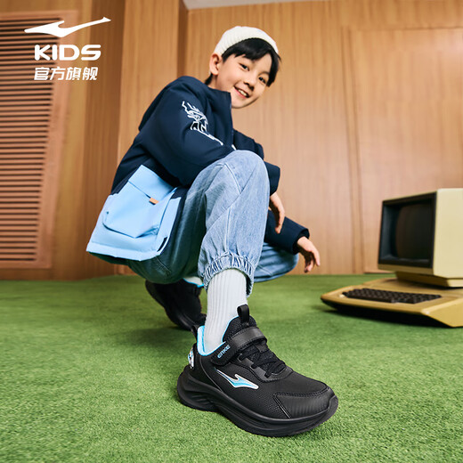 Hongxing Erke (ERKE) children's shoes, leather running shoes for boys and girls, large and small children's sports shoes - Mingou 2.0 black/digital blue 37