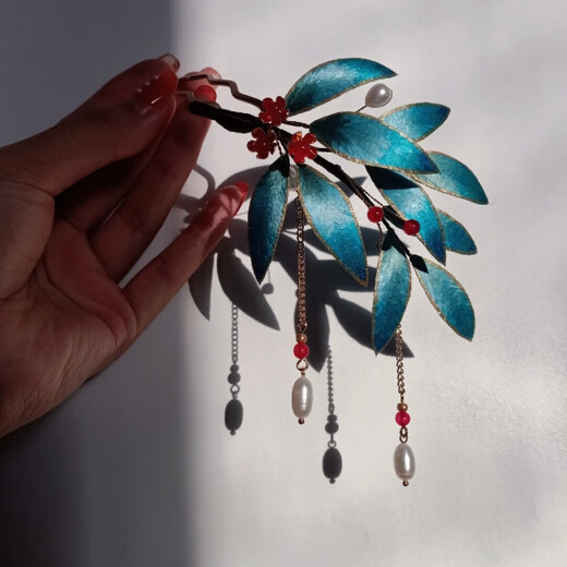 Shijun (SHIJUN) Velvet Flower Hairpin, Ancient Style Bamboo Branch Words, Bamboo Leaf Gold Imitation Dotted Emerald Hairpin Brooch, Hanfu Accessories Valentine's Day Gift, One Hairpin (tassel is not removable)