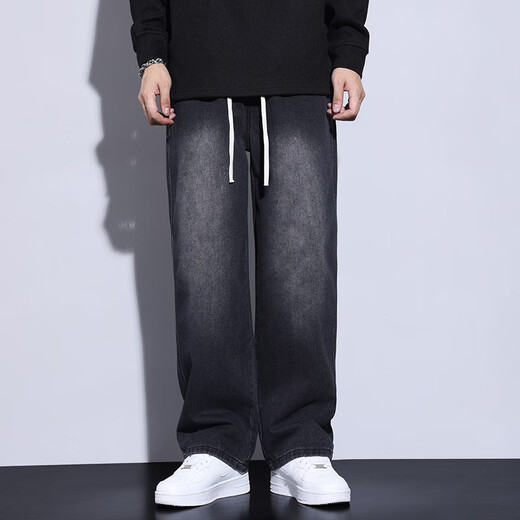 Джинсы Woodpecker (TUCANO) мужские осенне-зимние, американское ретро плюс бархатная драпировка, модные свободные широкие брюки в гонконгском стиле, повседневные прямые мужские брюки, черные, серые, весенне-осенние, стандартные M (рекомендуемый вес 105-130 Цзинь Цзинь равен 0,5 кг)