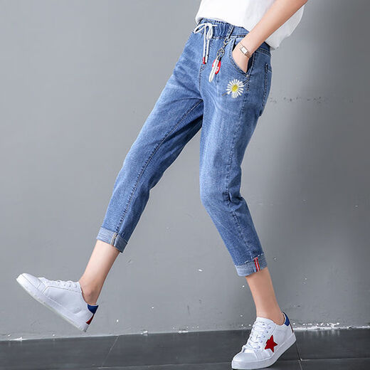 Wanmanduo Elastic Taille Jeans für Frauen 7-Punkt 2025 NEUER LOSSLOSE LOSSE TAISTE LOVIG GROSSE SCHLAUBEN NEIN-Punkte-Harem-Hosen Spring und Herbst 3523# Hellblau 7-Punkt 26