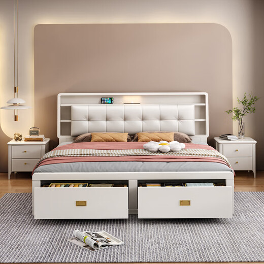 Yu Feiqi Nordic Solid Wood Bed Double Bed Modern Simple High Box Night Light Storage Charging Bed 9902# Bed + Latex Brown Pad [Comfortable Latex] 1.8*2.0m (High Box with Tail Draw)