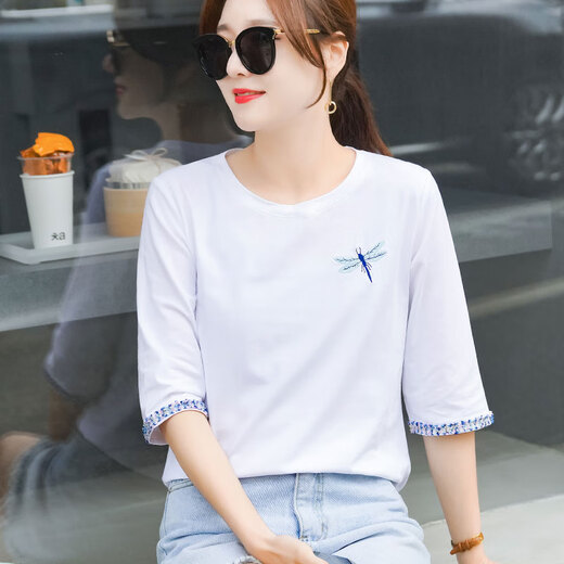 GIOIO pure cotton 70-quarter sleeve T-shirt for women loose temperament age-reducing pink mid-sleeved T-shirt spring and autumn summer clothing 2025 new top W6196 light purple mid-sleeved 2XL (recommended 135-150Jin [Jin equals 0.5 kg])