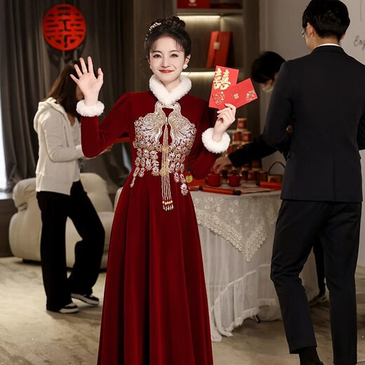 Li Baixin Chinese Cheongsam Toast Wear Bride 2025 Long Sleeve Red Out-of-Pavilion Wedding Return Engagement Dress Thickened Autumn and Winter Burgundy XXL Recommended 120-125 Jin Jin equals 0.5 kg