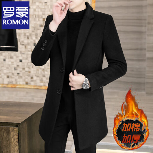 ROMON Woolen Woolen Coat Men's Slim Mid-Length Windbreaker Autumn and Winter Thickened New Woolen Men's Jacket Korean Version Black Thickened XL