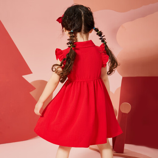 
ASK JUNIOR Girls' Skirt 2025 Summer Thin Small Children's Lace Sleeve Solid Color Sweet Princess Dress Red 130