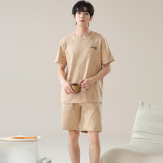 莫代尔男士睡衣男100%纯棉夏季短袖休闲简约青少年可外穿全服套装7A抗菌 09M13803 L