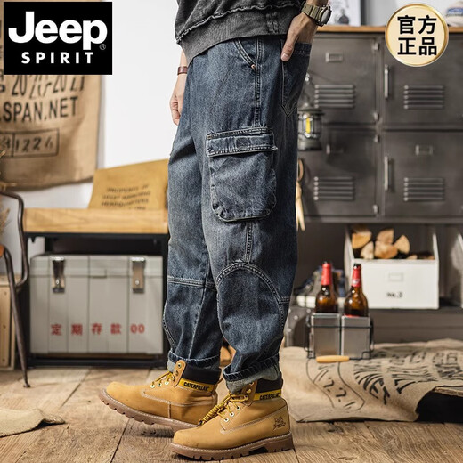 JEEP SPIRIT美式重磅复古工装牛仔裤男士宽松直筒潮牌大码多口袋哈伦休闲长裤 复古蓝 【尺码偏大】 XL 【建议130-145斤】