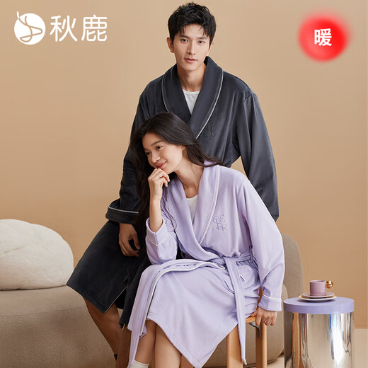 Autumn deer couple's nightgown for women, 5A antibacterial and anti-mite, autumn and winter anti-static warm elastic velvet warm mid-length men's home clothes, lilac (female) L