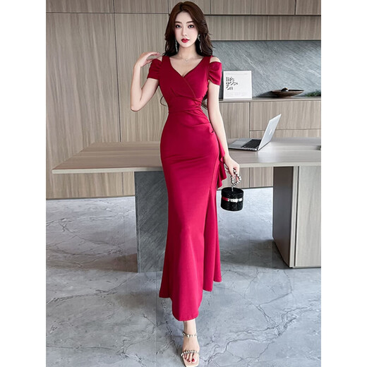 Want to move the nightclub beauties evening dress sexy temperament off-shoulder slim dress foot bath technician work clothes sauna long skirt black 5968 style S (85-95Jin [Jin equals 0.5 kg])