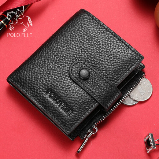 Cobia Paul Wallet Men's Short Leather Wallet Multi-Card Wallet Business Cowhide Men's Couple Wallet Zipper Certificate Bag Black Black