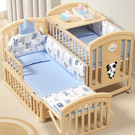ULOP German crib solid wood removable splicing large bed multi-functional newborn bb baby comfort bed children's wooden bed animal 5-piece set-double-layer mosquito net + changing table