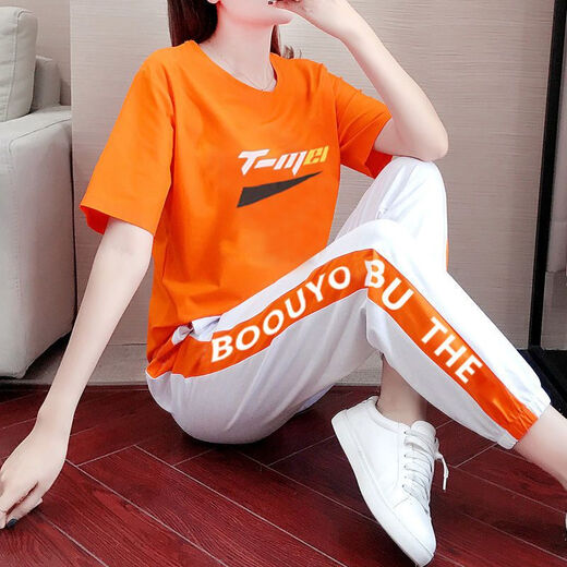 啄木鸟休闲运动服套装女夏季新款大码宽松潮牌时尚嘻哈曳步舞两件套 6630粉色 S