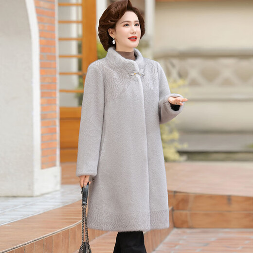 Nuo Ni's mother's winter warm tops imitation mink fur all-in-one coat for middle-aged and elderly women new Chinese style woolen coat tribute beige L recommended 115-130 Jin Jin equals 0.5 kg (high-end atmosphere)