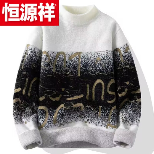 Hengyuanxiang (HYX) new imitation mink velvet thickened sweater for men in winter half-high collar jacquard sweater Korean style youth handsome wool thick section white 1955 double-sided velvet (plus) L 90-115Jin Jin is equal to 0.5 kg