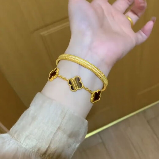 易昇黄金五花四叶草手链女士999足金幸运链条手链时尚首饰生日送女友 黄金四叶草虎眼石手链 金约9.5g