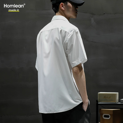 Homlean日系文艺短袖衬衫男春夏季纯色基础款凉感半袖衫HL12白色L