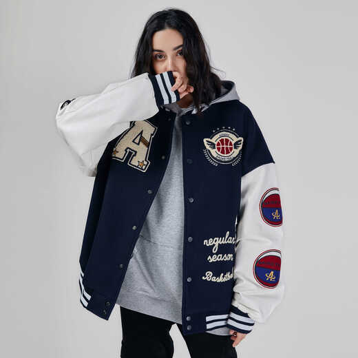 A CHOCK towel embroidered American lettering baseball uniform street quilted thickened jacket navy blue regular style XL