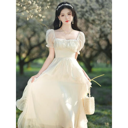 LPOX裙子女夏季2025新款甜美短袖连衣裙女气质仙荷叶边连衣裙女夏季 杏白 M