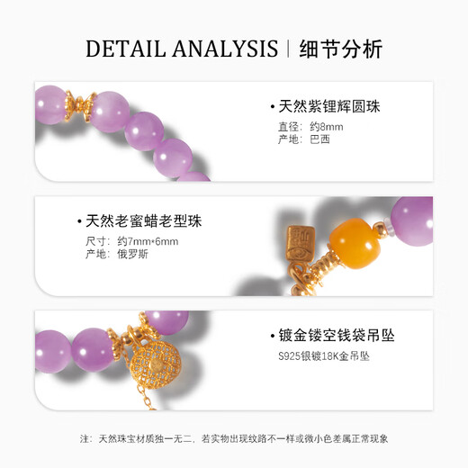 Miling LEFTGO Natural Brazilian Purple Kunzite Bracelet Women's S925 Silver Plated 18K Gold Russian Beeswax 8mm Bracelet S 13.5cm-15cm