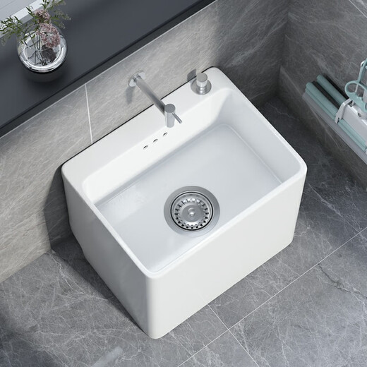 Bailey's Ceramic Mop Pool Home Balcony Basin One-piece Rectangular Height Bathroom Washing Mop Pool with Faucet Sink B155 Desktop Control + In-Wall Faucet