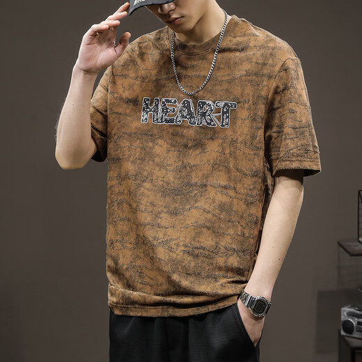 Romon American trendy short-sleeved T-shirt men's heavy loose large-size base shirt summer versatile bf style T-shirt trendy top 9925 brown T-shirt L
