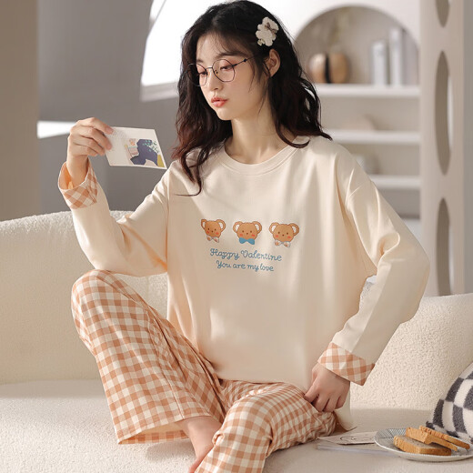 Langsha pajamas for women spring and autumn new long-sleeved round neck suit casual simple cotton women's home wear two-piece set can be worn outside AM-23457L [recommended 100-120 Jin [Jin equals 0.5 kg]]