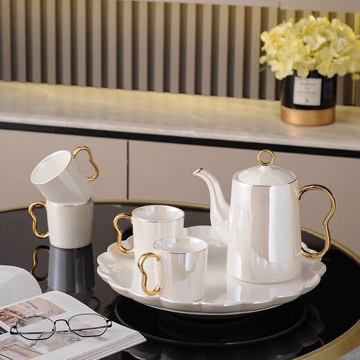 Ruishun Light Luxury Water Set Tea Cup Set Cup Tea Set Water Set Home Nordic Style Housewarming Gift Large Capacity Water Cup Pearl White Lace Rotating Tray (Gift Box)