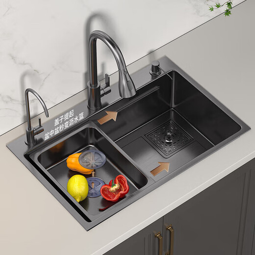 JMW Sink Large Single Slot 304 Stainless Steel Sink Kitchen Washbasin Integrated Basin Large Single Sink Sink 75X45 Gun Gray (Pull-out Faucet Package)