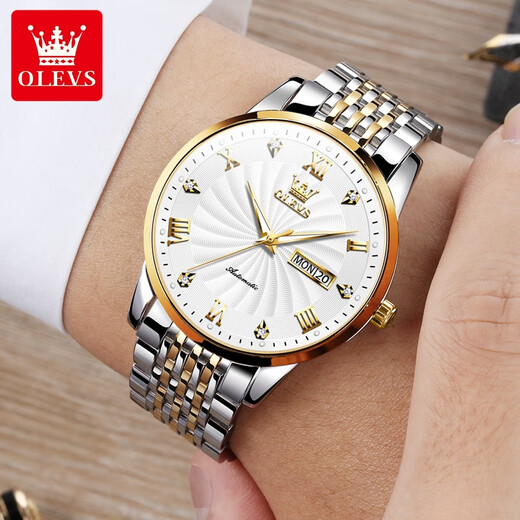 OLEVS Swiss Certified Watch Mechanical Watch Mechanical Watch Totalmente automático Luminoso Water's Watch Doble Calendar Business Watch Olevs-6630 Steel White