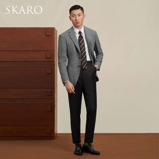 SKARO【澳洲MERINO羊毛】千鸟格西装男外套商务修身正装单西 黑灰色千鸟格SKV571 46