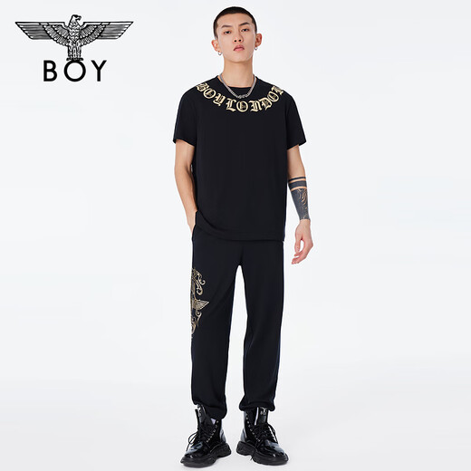 BOY LONDON春男女同款短袖仿烫金环形印花老鹰潮牌T恤N01903 黑色 L