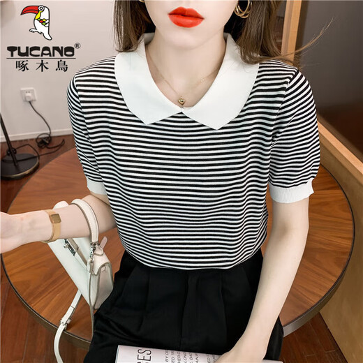 Cuello de muñeca rayada de carpintero Camiseta de miética de seda de hilo de altura de manga corta Sweet Sweater Sweater Sweater delgada pequeña DX691# Amarillo S RECOMENDO 80-100JIN [Jin iguala 0.5 kg]