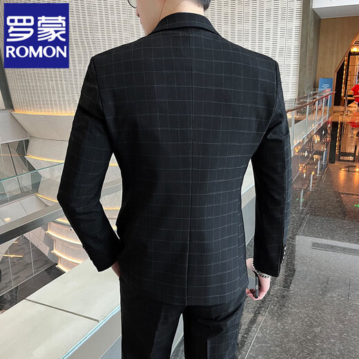 ROMON plaid suit suit male groom wedding suit three-piece groomsmen suit slim Korean style casual formal jacket dark gray three-piece suit free tie XL (120~135Jin Jin equals 0.5kg)