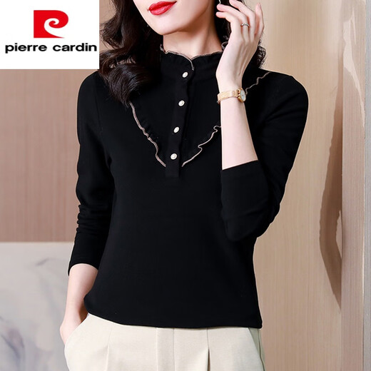 Pierre Cardin half turtleneck long-sleeved bottoming shirt for women spring and autumn 2025 new double-sided German velvet style inner t-shirt top black <fashionable inner top and bottoming shirt> XL (120-130Jin Jin equals 0.5kg)