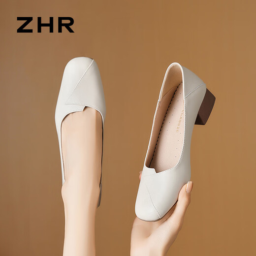 ZHR粗跟单鞋女经典拼接工作皮鞋通勤一脚蹬浅口女鞋软底AH673米色39