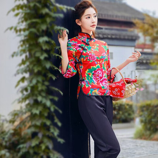 Ning Xinyan Northeast big flower cloth clothes village girl duo performance costumes funny sisters costume square dance yangko costume suit new red big flower single top L (recommended 95-110Jin Jin is equal to 0.5 kg)