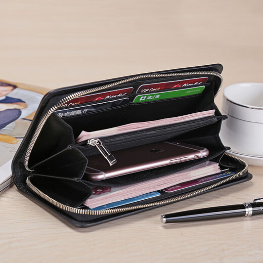 ELLE HOMME Clutch Men's Bag Business Casual First Layer Cowhide Zipper Long Wallet Ticket Holder Multi-Card Slot Clutch Bag 10300111628761913 Black Small Birthday Gift for Boyfriend and Husband