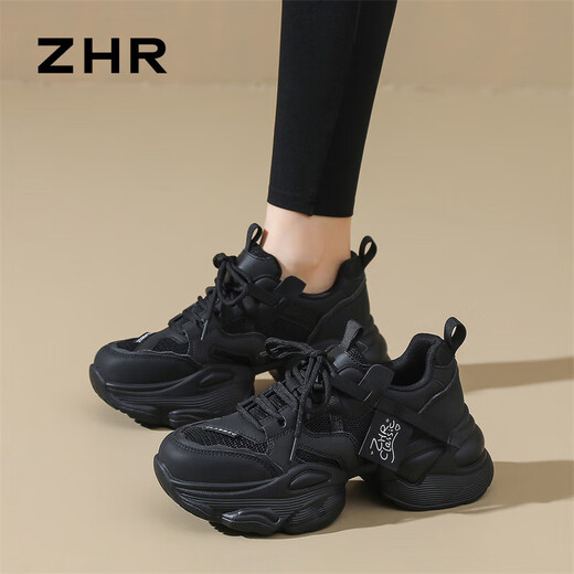 ZHR老爹鞋女运动跑步厚底休闲鞋女潮流透气舒适拼接女鞋 G673黑色 39
