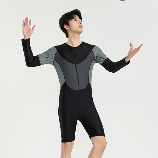 Yosoci parent-child one-piece swimsuit boys wetsuit surf suit plus size father and son medium-sized children long-sleeved conservative hot spring plus size black (KYL2382) 5XL